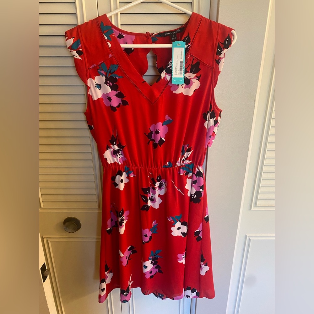 41 Hawthorn red floral dress with scalloped sleeve and open back.